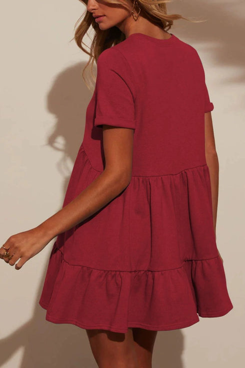 Tiered Round Neck Short Sleeve Mini Dress - Odaingerous
